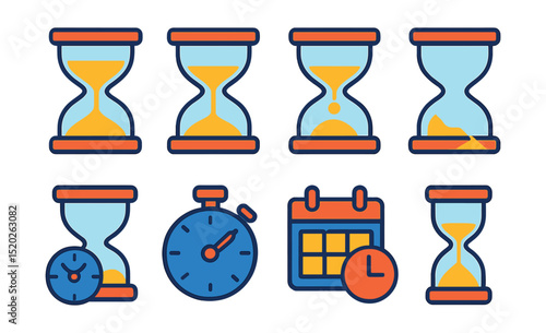 Flat vector icons of hourglass concepts: full hourglass, half empty hourglass, hourglass with sand falling, broken hourglass, hourglass with clock hands, hourglass with timer, hourglass with calendar