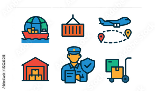 Flat vector icons of global trade and shipping: globe with cargo ship, container, freight train, airplane freight, shipping route, customs, warehouse, logistics.
