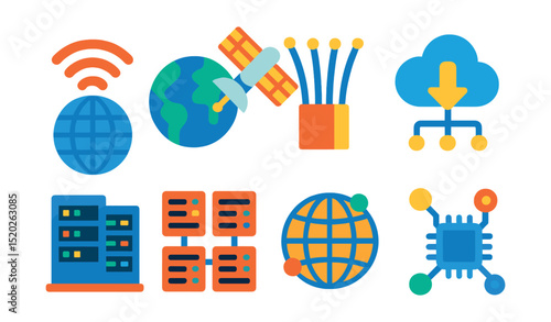 Flat vector icons of global internet: globe with Wi-Fi signal, satellite internet, fiber optic cables, data centers, cloud computing, server farms, global network, digital connectivity.