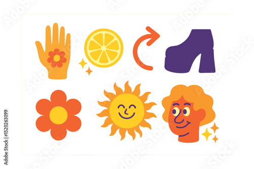 Flat vector icons of vintage groovy elements: hand with flower tattoo, lemon slice sparkling, curly arrow, platform shoe silhouette, stylized flower bloom, smiling sun, quirky character head, cluster