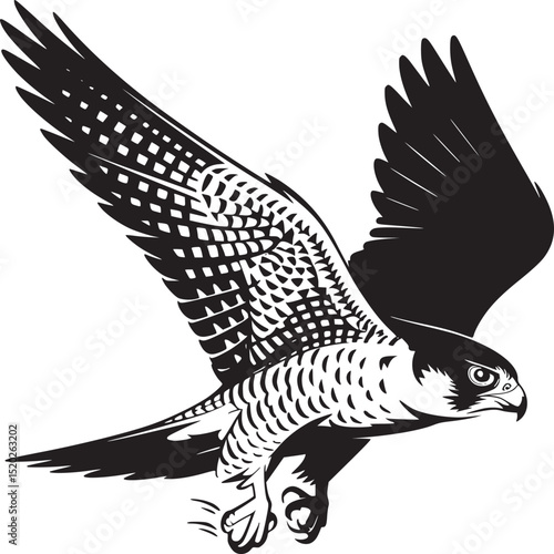 A striking monochrome depiction of a falcon in flight with intricate wing patterns and sharp details