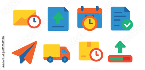 Flat vector icons of submission and delivery: envelope with clock, file upload arrow, deadline box submission, paper with checkmark, sent icon, final delivery van, on-time package, upload progress
