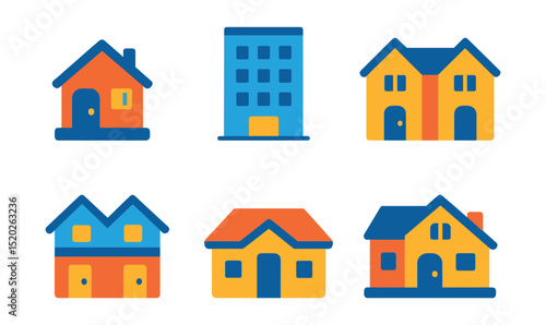 Flat vector icons of residential buildings: single-family house, apartment building, townhouse, duplex, bungalow, cabin, villa, cottage.