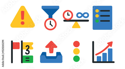 Flat vector icons of deadline prioritization and triage: high priority exclamation mark, deadline sort filter, urgent vs flexible icon, top-3 tasks list, deadline color flag system, work triage tray,