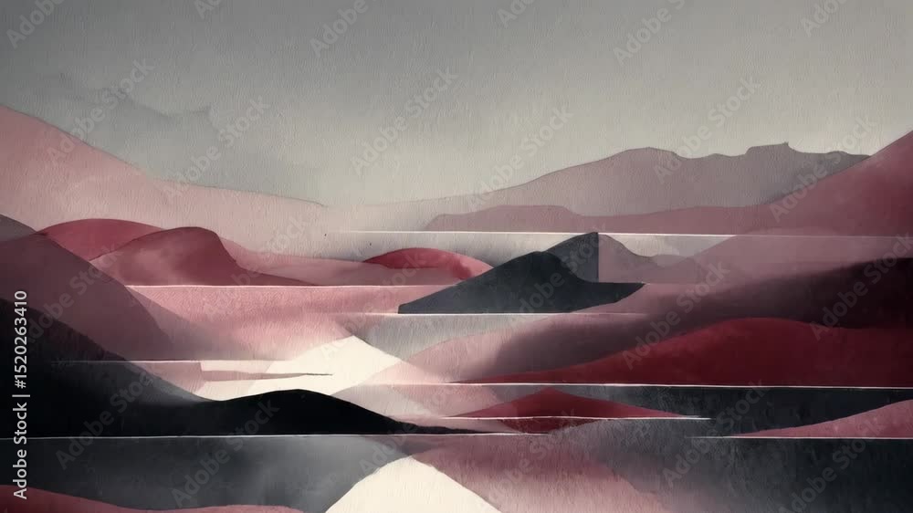 Abstract watercolor landscape of rolling mountains with reflections and soft pink hues, blending of colors and simple geometrical forms