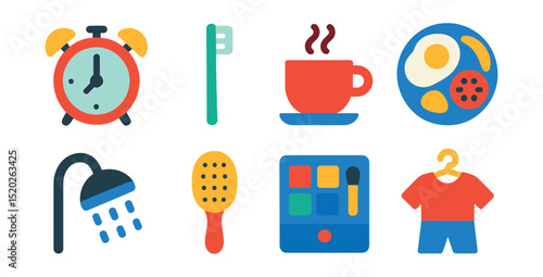Flat vector icons of morning routine: alarm clock, toothbrush, coffee cup, breakfast plate, showerhead, hairbrush, makeup kit, outfit selection.