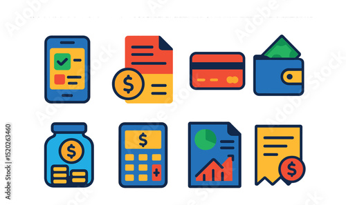 Flat vector icons of financial routine: budgeting app, bill payment, credit card, cash wallet, savings jar, loan calculator, financial report, receipt.