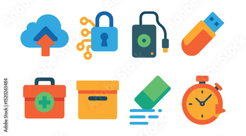 Flat vector icons of data protection and backup: cloud backup, data encryption, external hard drive, USB key, recovery kit, archive box, data wipe, backup timer.