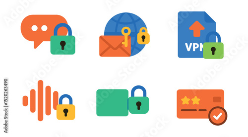 Flat vector icons of secure communication: encrypted chat, secure email, VPN connection, secure file transfer, voice encryption, video call lock, two-factor authentication, digital signature.