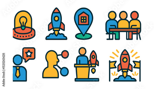 Flat vector icons of global startup ecosystem: incubator, accelerator, startup hub, coworking space, mentor, investor network, pitch competition, startup festival.