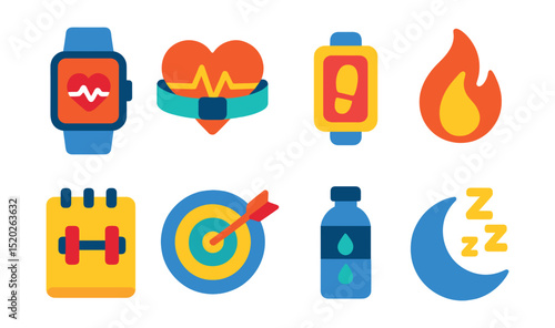 Flat vector icons of fitness tracking: smartwatch, heart rate monitor, step counter, calorie burn, workout log, goal achievement, hydration tracker, sleep analysis.
