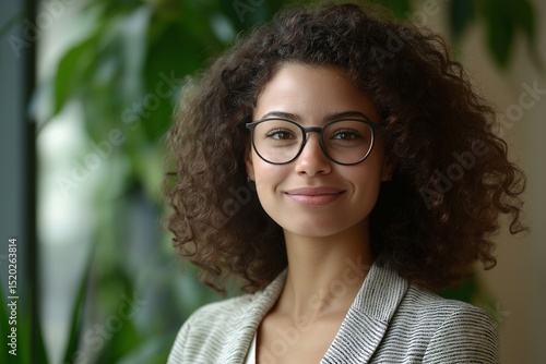 Professional Young Woman With Curly Hair Smiling in Urban Office Setting Stylish Businesswoman Headshot