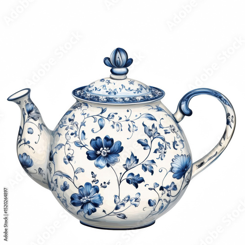 Blue Porcelain Teapot Illustration with Floral Pattern
