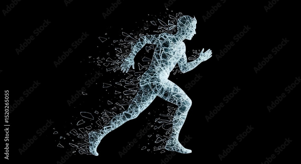 Fototapeta premium A digitally rendered figure of a running person composed of scattered blue-tinted particles against a stark black background emphasizing motion and digital art. Visual representation of movement.