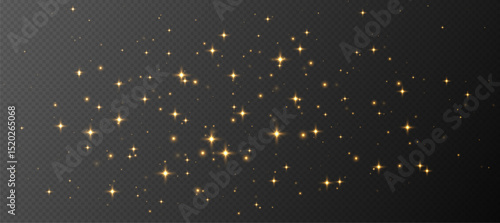 Golden sparkling stars, shiny particles light effect, transparent flying stardust texture, abstract twinkle Christmas decoration. Vector illustration.