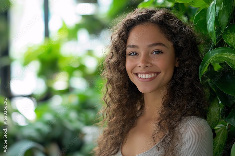 Smiling Woman with Curly Hair & Indoor Plants. Natural Light Wellness Portrait Smiling Woman with Curly Hair & Indoor Plants. Natural Light Wellness Portrait