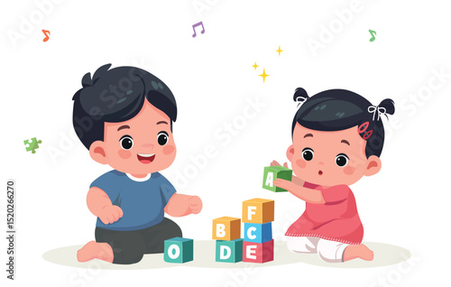 cute little kids siblings playing with abc cubes kids play together