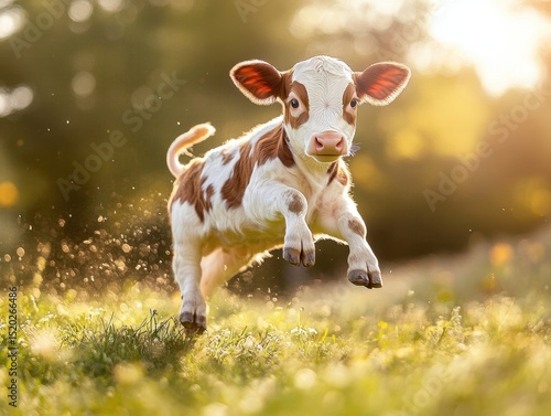 Adorable young calf jumping excitedly in a sunny green pasture du a bright day