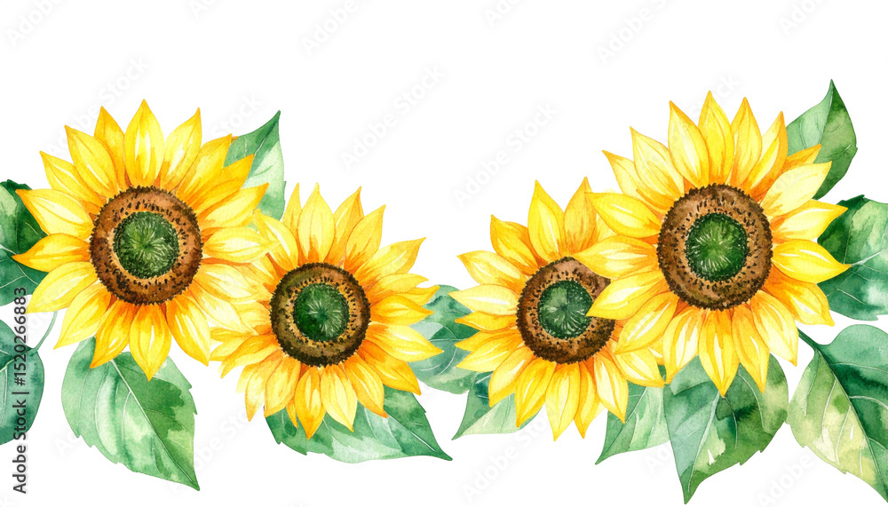 Obraz premium Watercolor Sunflowers with Green Leaves on Transparent