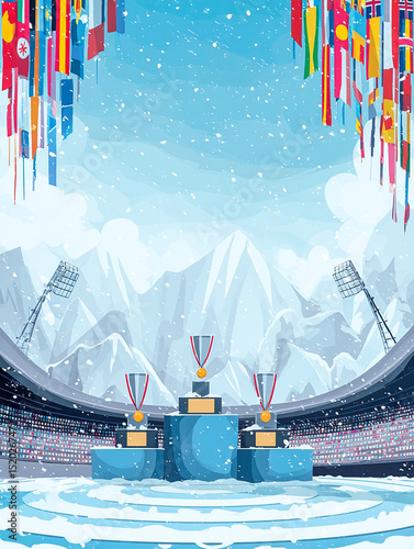 Winter Olympics podium with winners and flags, snowy stadium background