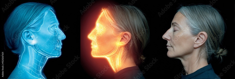 Fototapeta premium 42 year old female patient after genioplasty with a holographic HUD overlay showing glowing depiction of advanced chin projection
