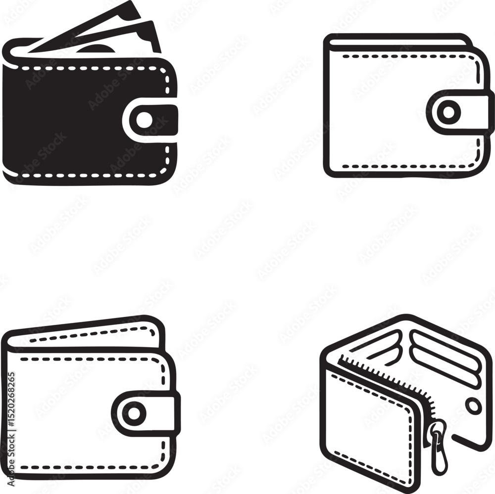 Fototapeta premium Leather Wallet silhouette set vector illustration isolated On Transparent Background