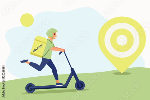 Food delivery; blond guy on scooter in helmet; scooter; delivers; order