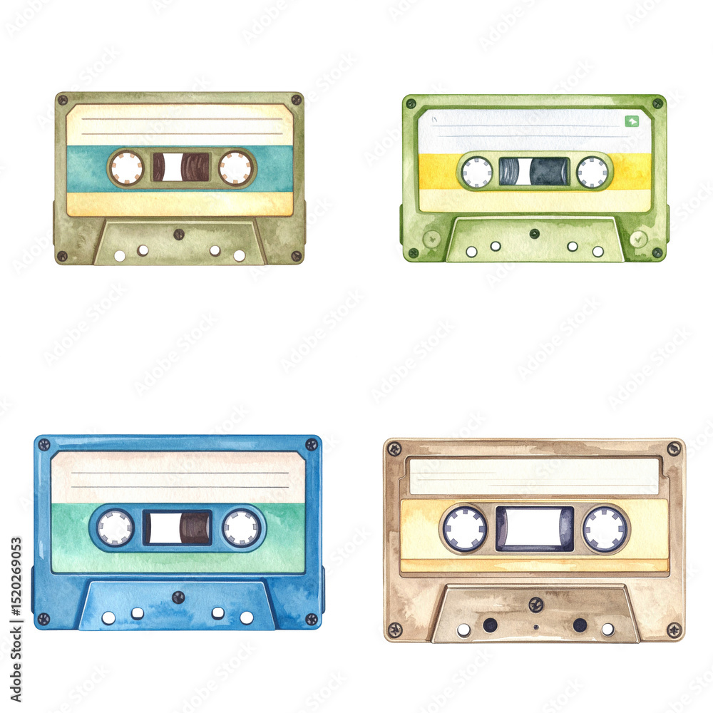 Naklejka premium Watercolor Pastel Retro Cassette Tapes Set