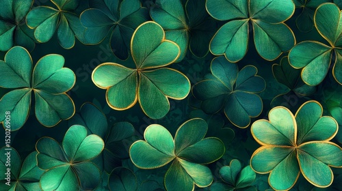 Lush green shamrocks with golden outlines, tightly arranged in a seamless pattern.