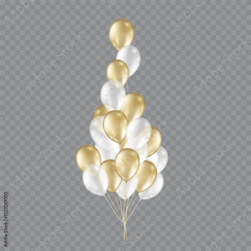 Balloon bunch isolated on transparent background. Vector realistic gold and white festive 3d helium ballons templates for anniversary, birthday party design