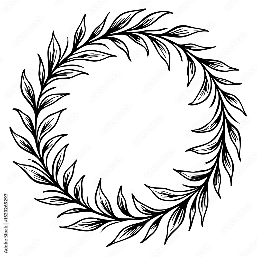 Obraz premium Decorative black and white leaf wreath with vintage sketch concept 