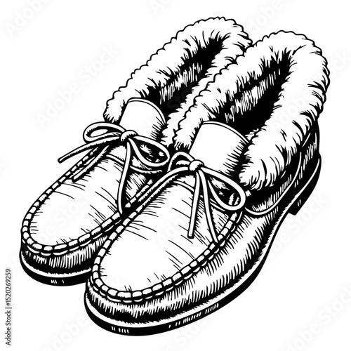 Vintage moccasin shoes with fur lining in detailed sketch style  