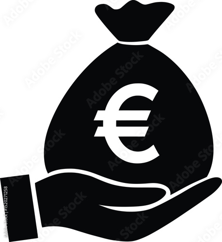  Black Silhouette of Hand Holding Euro Money Bag Vector Illustration
