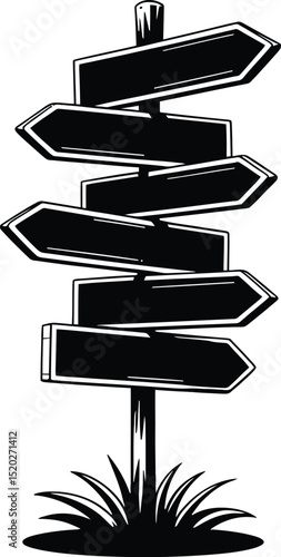 Blank Directional Signpost Icon - Black and White Arrow Signboard Illustration