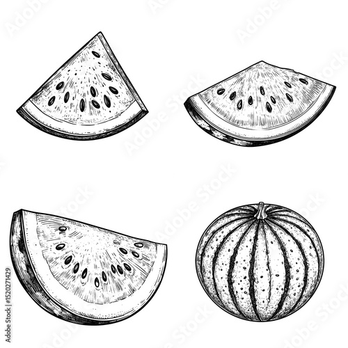 Watermelon Slices Sketch: Black And White Illustration