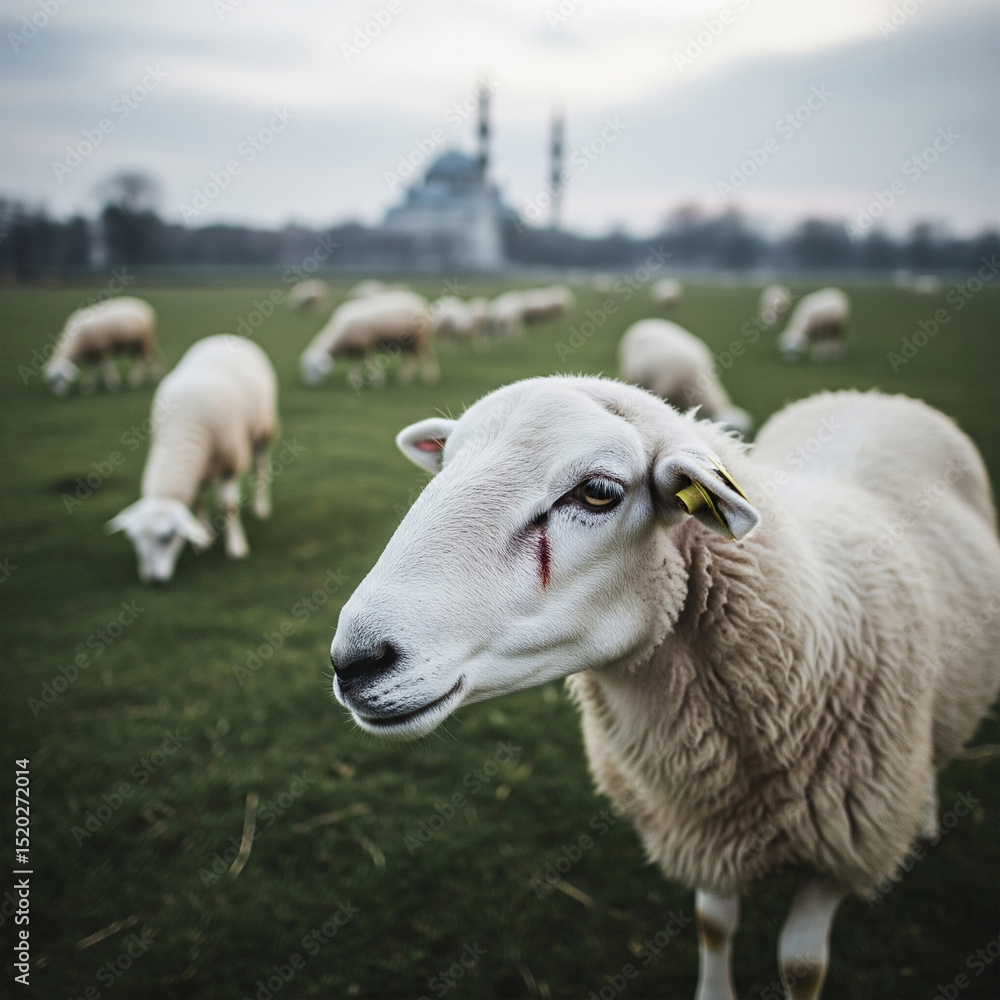 Obraz premium Sheep grazing in a field with a mosque in the background