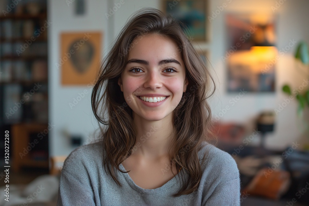 Smiling Young Woman in Casual Attire. Relaxed Indoor Portrait with Warm Lighting and Natural Beauty Smiling Young Woman in Casual Attire. Relaxed Indoor Portrait with Warm Lighting and Natural Beauty