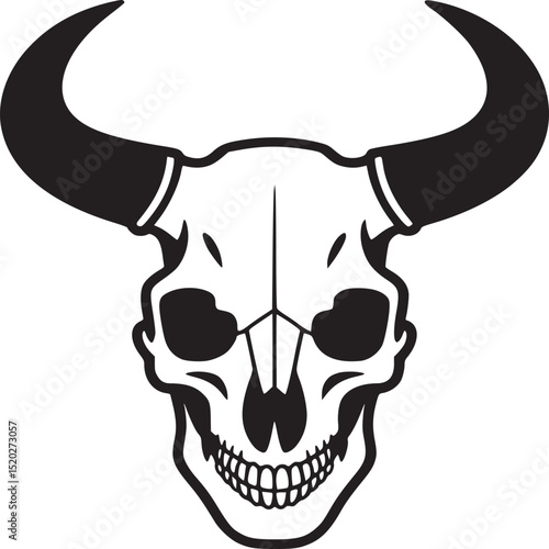 A stark black and white illustration of a bull skull with prominent horns on a plain white background