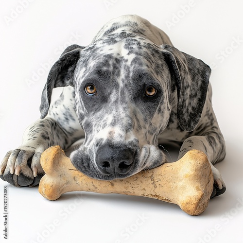 Adorable Gray Spotted Dog Chewing Bone in Studio - Playful Canine Pet Photo