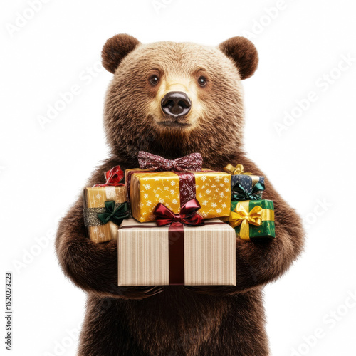 Bear with gift pile wearing bow tie on white transparent background.