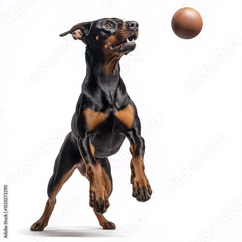 Playful Doberman Jumping in Action. Dynamic Indoor Studio Portrait of a Happy and Athletic Canine Fetching Ball