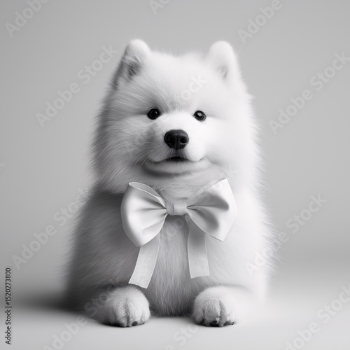 Adorable Fluffy Samoyed Puppy. Studio Portrait of a Happy Purebred White Dog
