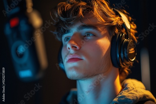 Young Male Artist in Studio. Close-up of a Creative Music Session with Headphones and Microphone