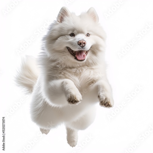 Adorable Fluffy White Samoyed Jumping Joyfully. The Ultimate Playful and Energetic Canine Companion