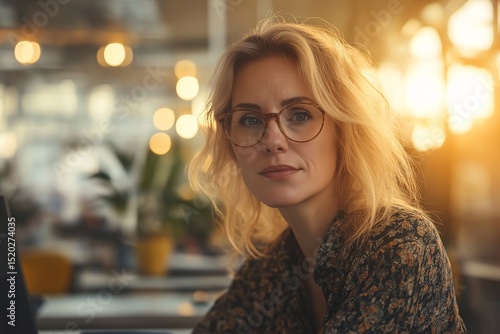 Professional Portrait of a Confident Businesswoman in Modern Office with Warm Sunlight and Stylish Glasses