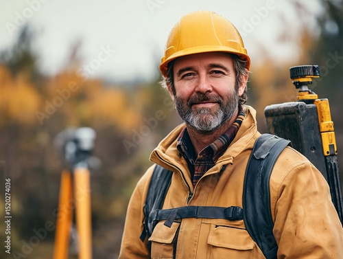 Confident Construction Worker in Safety Helmet Using Surveying Equipment Amidst Autumn Landscapes - Outdoor Portraits of Professional Attire in Job Site