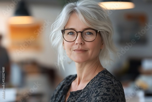 Confident and Engaged Older Woman with Gray Hair and Glasses in Modern Indoor Setting. Professional Beauty in Business Casual Attire