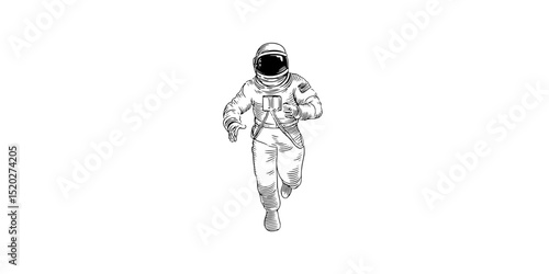 Vintage engraved illustration of an astronaut running in a stylized, artistic representation capturing the essence of space exploration