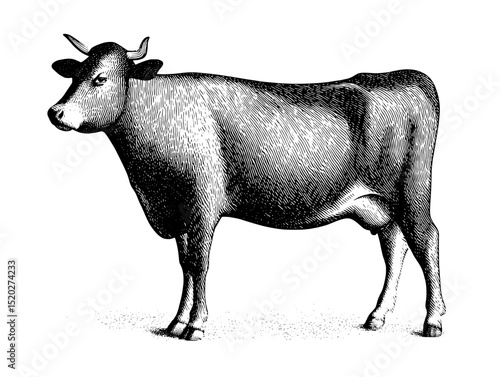 Vintage engraved illustration of a cow for timeless agricultural design inspiration