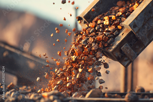 Copper ore processing through crusher at refinery with motion blur